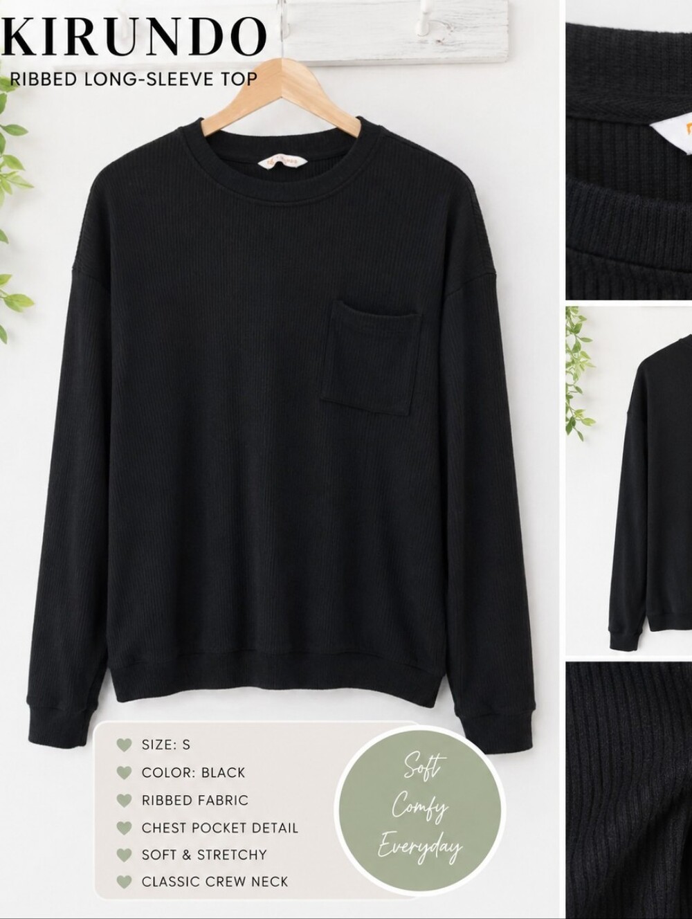 Kirundo Black Ribbed Crewneck Sweater with Chest Pocket